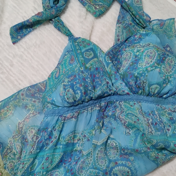 Vintage Jordache Juniors' Blue Paisley Metallic Tie Neck Bra Tank- Size XL 15/17 - Picture 11 of 12